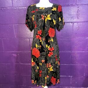 Vintage 90s Hawaiian Black Floral Rayon Midi Dress Made in Hawaii Size Small